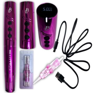 Dermografo Inalámbrico Digital, TP006 de Biomaser, con dos baterías de 1000 MA, cada batería dura hasta 5 horas, Baja Vibración, Morado