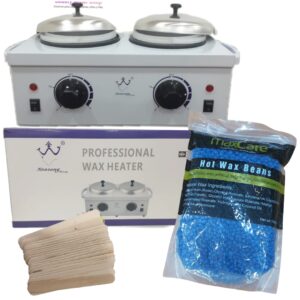 Kit de depilación Full, Incluye: olla doble con filtro, de 1 Kg Total (500 gr cada olla) + 1 kg de cera + 50 paletas