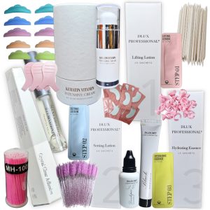 Kit Dlux para lifting de Pestañas, completo, Contiene ( pasos 1, 2 y 3 para lifting + Botox + pegamento ) Dlux + Tinte Dlux con activador + Accesorios y herramientas