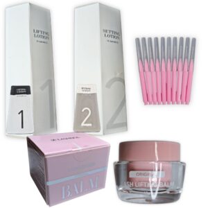 Kit para laminado de cejas Dlux, incluye pasos 1 y 2 (Permanente y neutralizante, 15 sachets de 1 ml c/u) + 1 Balsamo pegante lashnol + 10 mini cepillos aplicadores, Kit laminado 1