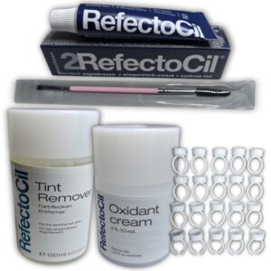 Kit completo de tinte para  Pestañas y cejas RefectoCil, incluye Tinte, Oxidante en crema, removedor, 20 anillos y 1 pincel.