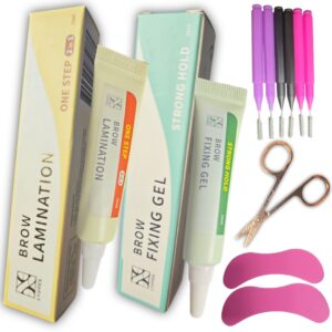 Kit para laminado de Cejas Lashnol 2 en 1, no requiere paso 2, con gel fijador, en tubos de 10 ml c/u  (Productos Coreanos) + par de Parches cobertores de cejas + 6 mini cepillos + Tijera Mini