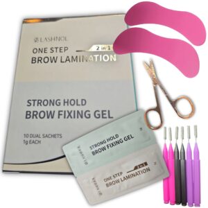 Kit para laminado de Cejas Lashnol 2 en 1, no requiere paso 2, con gel fijador, Producto Coreano, 10 dual sachets de 1 ml c/u + par de parches para cubrir las cejas + 6 mini cepillos+ tijera mini