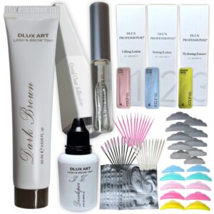Kit Dlux para lifting de Pestañas, completo, Contiene ( pasos 1, 2 y 3 para lifting + pegamento ) Dlux + Tinte Dlux (Dark Brown) + Activador Dlux + Accesorios