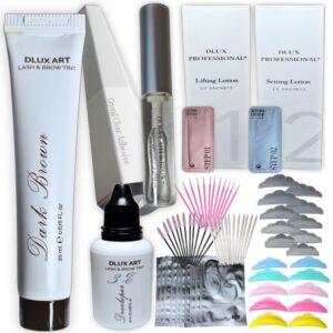 Kit Dlux para lifting de Pestañas, completo, Contiene ( pasos 1 y 2 para lifting + pegamento ) Dlux + Tinte Dlux (Dark Brown) + Activador Dlux + Accesorios