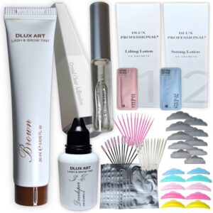 Kit Dlux para lifting de Pestañas, completo, Contiene ( pasos 1 y 2 para lifting + pegamento ) Dlux + Tinte Dlux (Brown) + Activador Dlux + Accesorios