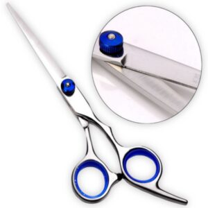 Tijera Profesional para peluquería barbería, en acero inoxidable plateada con azul, 19 cm,  Mod 101561
