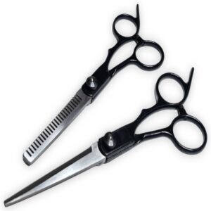 Set de 2 Tijeras Profesionales para peluquería barbería, en acero inoxidable plateadas con negro, de 16 y 17 cm respectivamente, Mod 122548