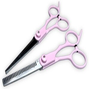 Set de 2 Tijeras Profesionales para peluquería barbería, en acero inoxidable plateadas con agarres de color, de 16 y 17 cm respectivamente, Mod 122551