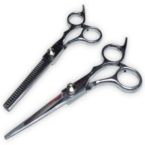Set de 2 Tijeras Profesionales para peluquería barbería, en acero inoxidable plateadas, de 16.5 y 17 cm respectivamente, Mod 129502