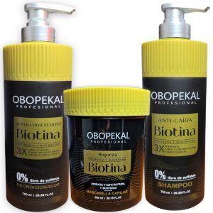 Kit Capilar intensivo anti caída, con Biotina, incluye: Shampú 750ml + Acondicionador 750ml + Mascarilla Capilar 800ml, Obopekal Profesional