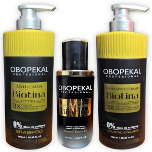 Kit Capilar intensivo anti caída, con Biotina, incluye: Shampú 750ml + Acondicionador 750ml +  Suero Capilar 100 ml, Obopekal Profesional