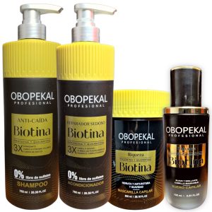 Kit Capilar intensivo anti caída, con Biotina, incluye: Shampú 750 ml+ Acondicionador 750ml + Suero 100ml + Mascarilla Capilar 800ml, Obopekal Profesional