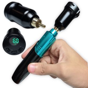 Máquina de Tatuajes Alámbrica, de baja vibración , Modelo HY10053 + Fuente de poder inalambrica con cabezal RCA