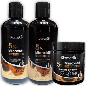 Kit de Shampoo + Acondicionador + Mascarilla Capilar con minoxidil al 5% y biotina Biometik, Fotalece el follículo capilar