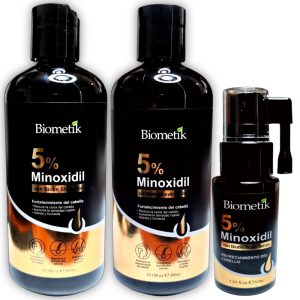 Kit de Shampoo + Acondicionador + Serum Capilar con minoxidil al 5% y biotina Biometik, Fotalece el follículo capilar