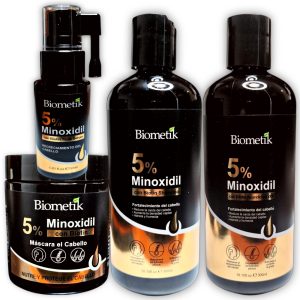 Kit de Shampoo + Acondicionador + Mascarilla + Serum Capilar con minoxidil al 5% y biotina Biometik, Fotalece el follículo capilar