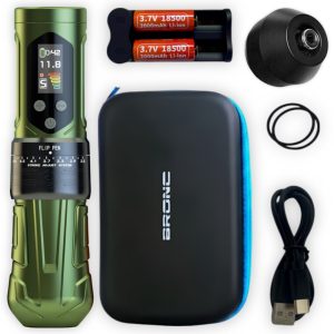 Máquina de Tatuajes Bronc X2 NEO, inalámbrica, con stroke ajustable (2.5 - 5 mm), , la más innovadora y potente de Bronc, con bolso, Verde Militar