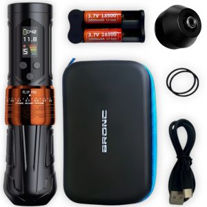 Máquina de Tatuajes Bronc X2 NEO, inalámbrica, con stroke ajustable (2.5 - 5 mm), la más innovadora y potente de Bronc, con bolso, Negra/naranja
