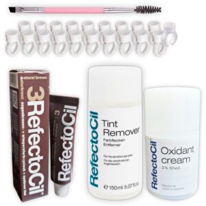 Kit completo de tinte para  Pestañas y cejas RefectoCil, incluye Tinte Natural Brown, Oxidante en crema, removedor, 20 anillos y 1 pincel. Kit Refectocil 6