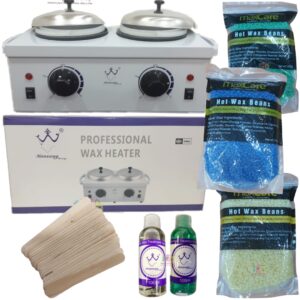 Kit de depilación Full, Incluye: olla doble con filtro, de 1 Kg Total (500 gr cada olla) + 3 kg de cera + 1 pre y 1 post + 50 paletas