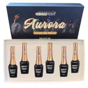 Set de 6 Esmaltes permanentes Full Glitter Aurora, Marca Cherimoya, de 8 ml cada uno