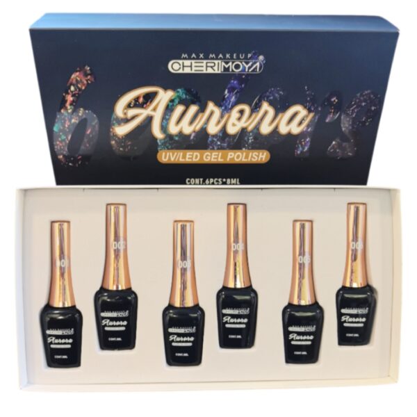 Set de 6 Esmaltes permanentes Full Glitter Aurora, Marca Cherimoya, de 8 ml cada uno