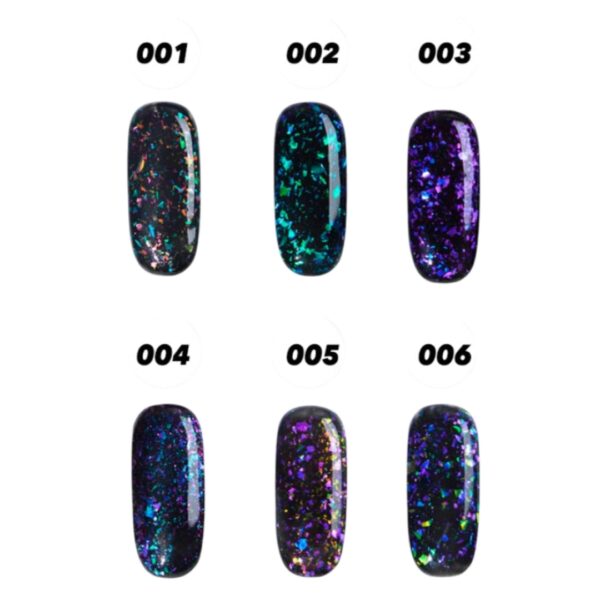 Set de 6 Esmaltes permanentes Full Glitter Aurora, Marca Cherimoya, de 8 ml cada uno - Imagen 2
