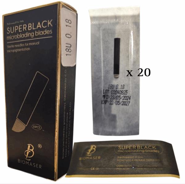 Agujas para microblading 18U - 0,18, Super Black de Biomaser, de acero inoxidable, (No se deforman duarante el procedimiento, filo de mayor precisión)