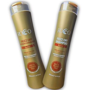 Shampoo y Acondicionador Frizz Off sin sal, 400 ml cada uno, Elimina el frizz en cabellos quebrados y aporta brillo