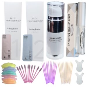 Kit Lifting Dlux Basic 2: Paso 1 (Permanente 15 sachets) + Paso 2 (Neutralizante 15 sachets) + Botox (20 ml) + Pega Lomansa 5 ml + Accesorios