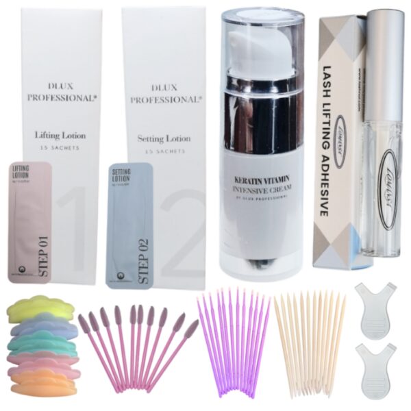 Kit Lifting Dlux Basic 2: Paso 1 (Permanente 15 sachets) + Paso 2 (Neutralizante 15 sachets) + Botox (20 ml) + Pega Lomansa 5 ml + Accesorios
