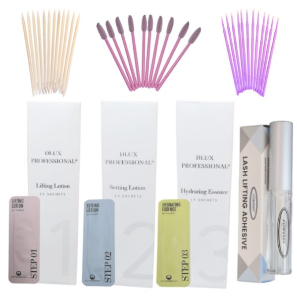 Kit Lifting Dlux Basic 3: Paso 1 (Permanente 15 sachets) + Paso 2 (Neutralizante 15 sachets) + Paso 3 (Hidratante 15 Sachets) + Pega Lomansa 5 ml + Accesorios