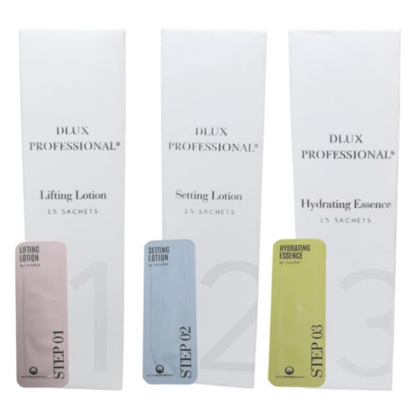 Kit Lifting Dlux Basic 3: Paso 1 (Permanente 15 sachets) + Paso 2 (Neutralizante 15 sachets) + Paso 3 (Hidratante 15 Sachets) + Pega Lomansa 5 ml + Accesorios - Imagen 2