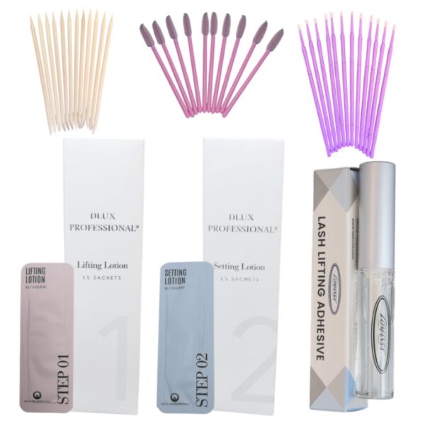 Kit Lifting Dlux Basic 4: Paso 1 (Permanente 15 sachets) + Paso 2 (Neutralizante 15 sachets) + Pega Lomansa 5 ml + Accesorios