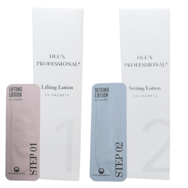 Kit Lifting Dlux Basic 4: Paso 1 (Permanente 15 sachets) + Paso 2 (Neutralizante 15 sachets) + Pega Lomansa 5 ml + Accesorios - Imagen 2