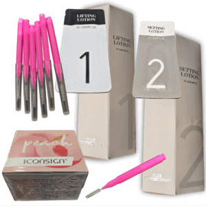 Kit para laminado de cejas Dlux, incluye pasos 1 y 2 (Permanente y sellante, 15 sachets de 1 ml c/u) + 1 Balsamo pegante Iconsign + 6 mini cepillos aplicadores