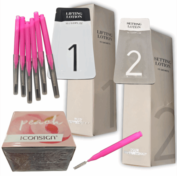 Kit para laminado de cejas Dlux, incluye pasos 1 y 2 (Permanente y sellante, 15 sachets de 1 ml c/u) + 1 Balsamo pegante Iconsign + 6 mini cepillos aplicadores