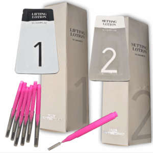 Kit para laminado de cejas Dlux, incluye pasos 1 y 2 (Permanente y sellante, 15 sachets de 1 ml c/u) + 6 mini cepillos aplicadores