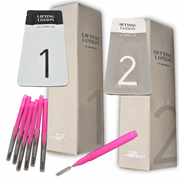 Kit para laminado de cejas Dlux, incluye pasos 1 y 2 (Permanente y sellante, 15 sachets de 1 ml c/u) + 6 mini cepillos aplicadores