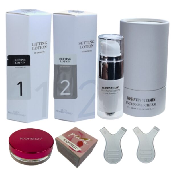 Kit para laminado de cejas Dlux, incluye pasos 1 y 2 (Permanente y sellante, 15 sachets de 1 ml c/u) + 1 Keratin- Botox Dlux + 1 Balsamo pegante Iconsign + 2 aplicadores Y Brush