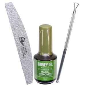 Kit removedor de esmalte permanente, Incluye 1 Magic Remover Honey Girl, 1 lima 100/180 y 1 repujador