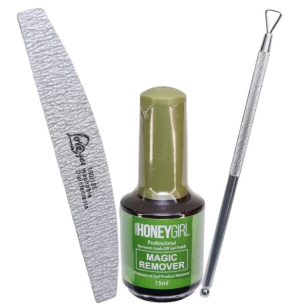 Kit removedor de esmalte permanente, Incluye 1 Magic Remover Honey Girl, 1 lima 100/180 y 1 repujador