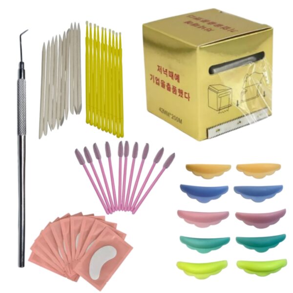 Accesorios básicos para Lifting de pestañas (5 pares de Bigudies, 1 Metal Stick, 10 parches, 1 alusa, 10 palos naranjo, 10 cepillos, 10 microbrush)