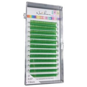 Pestañas De Colores Natuhana (Rojo, blanco, rosado, morado, verde y azul) de Seda, Modelo Clásico,  Curvas   D, Grosores 0,15, 0,07  mm. Cartuchos de Longitudes individuales (13 y 14 mm)