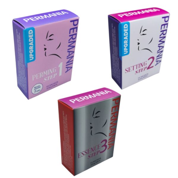 Pasos 1 (Permanente), 2 (Neutralizante) y 3 (Nutrición) de Permania, para Lifting de Pestañas