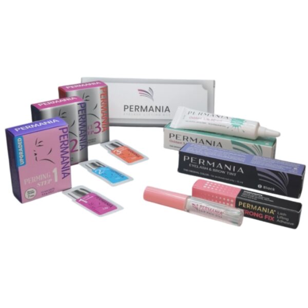 Permania: Paso 1 (Permanente) + Paso 2 (Neutralizante) + Paso 3 (Nutrición) + Pegamento para lifting + Tinte con Activador para pestañas Permania