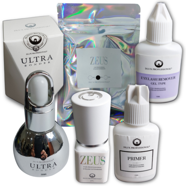 Promo Zeus Dlux 2: Pegamento Zeus Dlux 5ml + Primer Dlux 15ml + Removedor gel Dlux 15ml + Ultra Bonder Dlux 20 ml