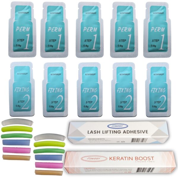 Kits para lifting de pestañas Iconsign Verde, versión sachets, incluye 1 keratin boots, 1 pega lomansa y 6 pares de bigudies