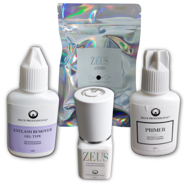 Promo Zeus Dlux: Pegamento Zeus Dlux 5ml + Primer Dlux 15ml + Removedor gel Dlux 15ml